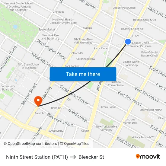 Ninth Street Station (PATH) to Bleecker St map