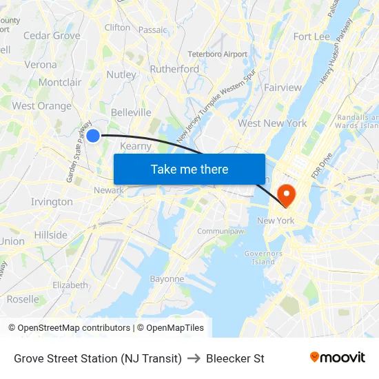 Grove Street Station (NJ Transit) to Bleecker St map