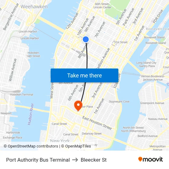 Port Authority Bus Terminal to Bleecker St map
