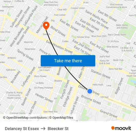 Delancey St Essex, New York, NY 10002 to Bleecker St map
