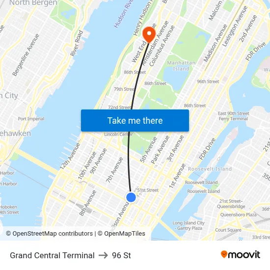Grand Central Terminal to 96 St map