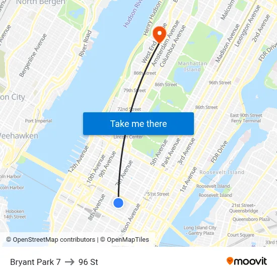 Bryant Park 7 to 96 St map