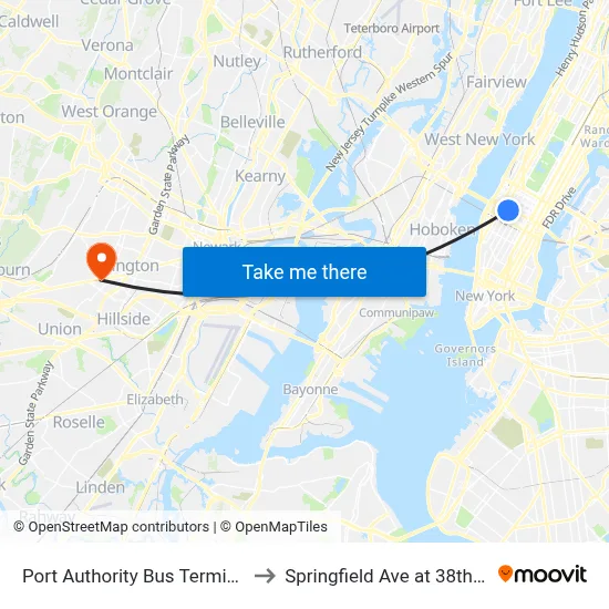 Port Authority Bus Terminal to Springfield Ave at 38th St map