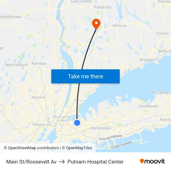 Main St/Roosevelt Av to Putnam Hospital Center map