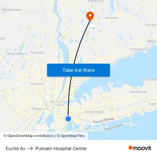 Euclid Av to Putnam Hospital Center map