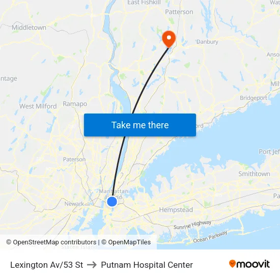 Lexington Av/53 St to Putnam Hospital Center map