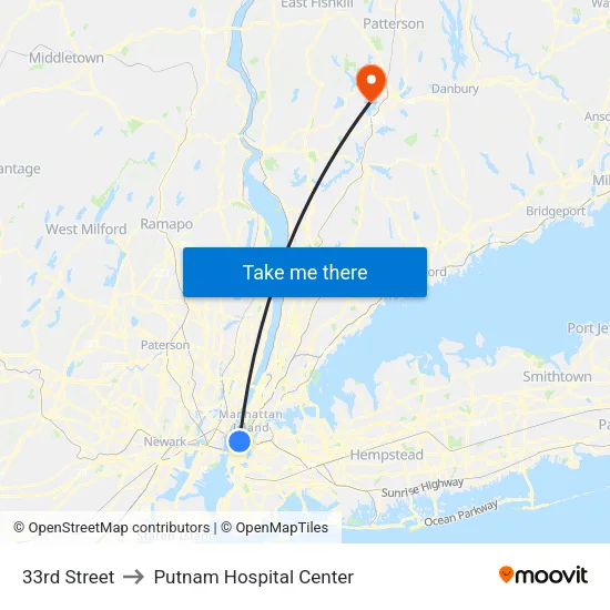 33rd Street to Putnam Hospital Center map