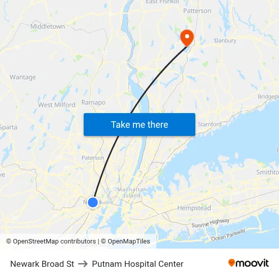 Newark Broad St to Putnam Hospital Center map