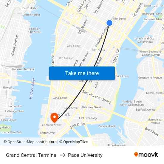 Grand Central Terminal to Pace University map