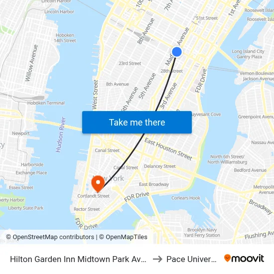 Hilton Garden Inn Midtown Park Avenue to Pace University map