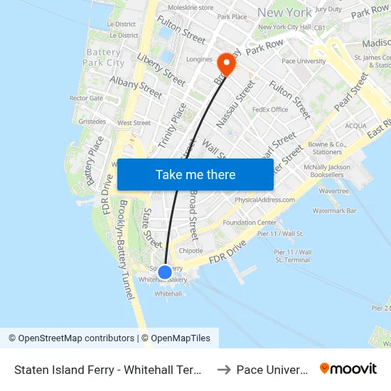 Staten Island Ferry - Whitehall Terminal to Pace University map