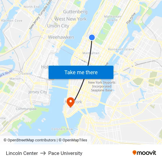 Lincoln Center to Pace University map