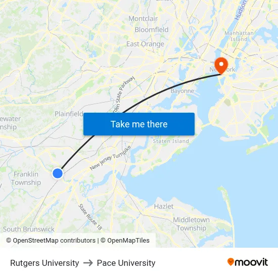 Rutgers University to Pace University map