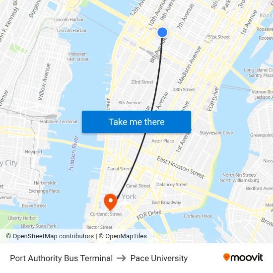 Port Authority Bus Terminal to Pace University map