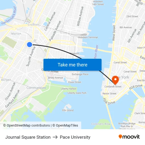 Journal Square Station to Pace University map