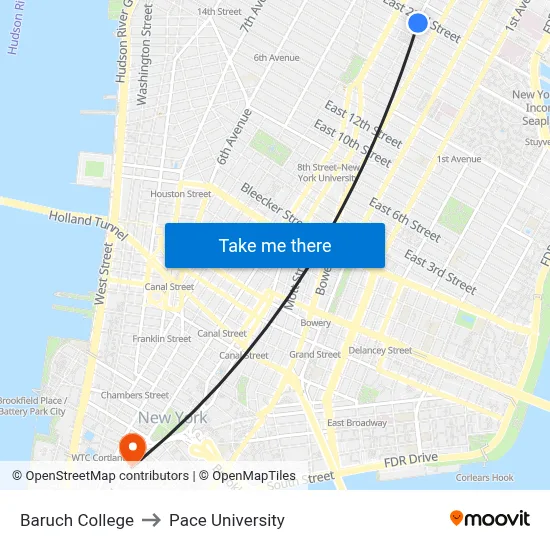 Baruch College to Pace University map