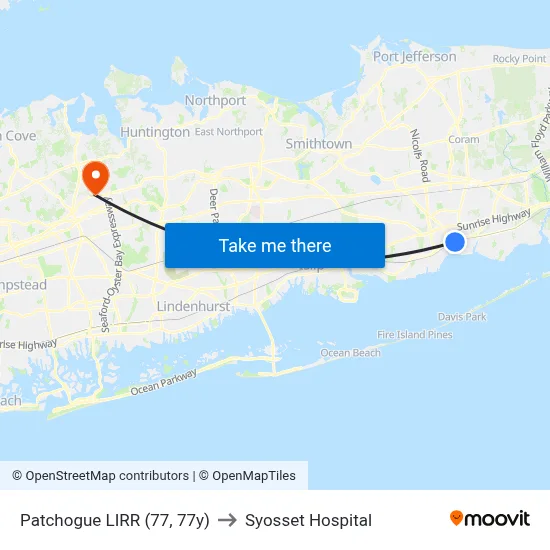 Patchogue LIRR (77, 77y) to Syosset Hospital map