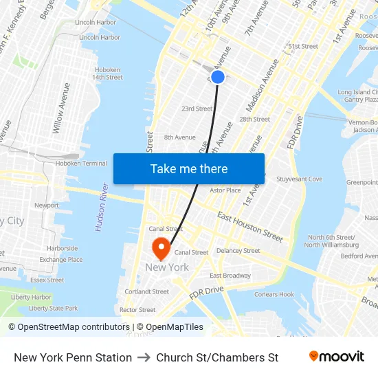 New York Penn Station to Church St/Chambers St map