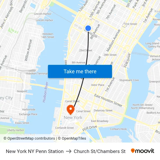 New York NY Penn Station to Church St/Chambers St map