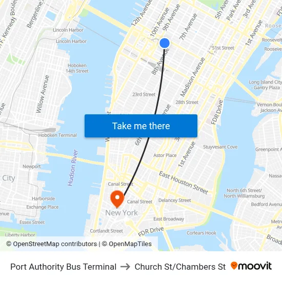 Port Authority Bus Terminal to Church St/Chambers St map