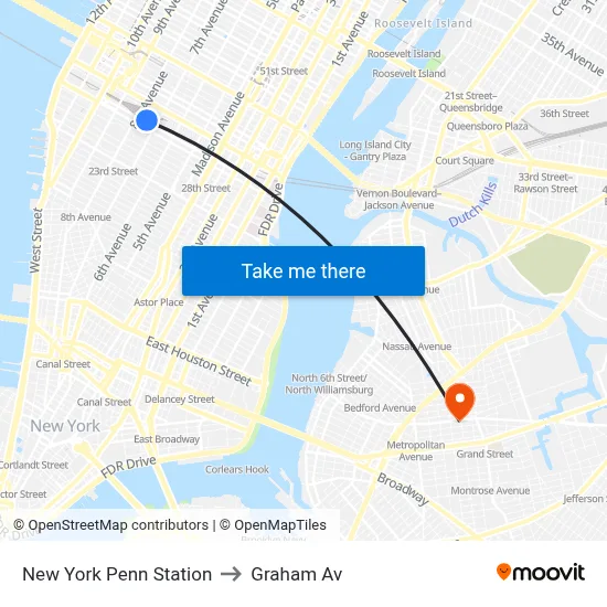 New York Penn Station to Graham Av map