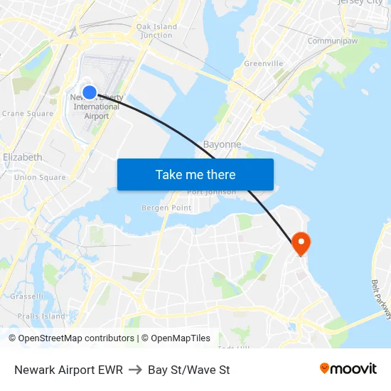 Newark Airport EWR to Bay St/Wave St map