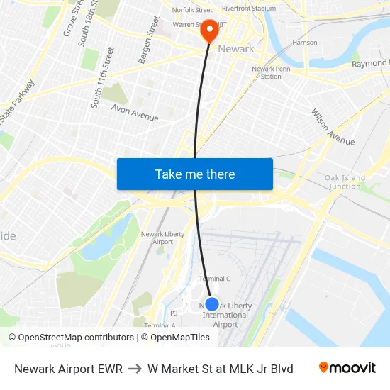 Newark Airport EWR to W Market St at MLK Jr Blvd map