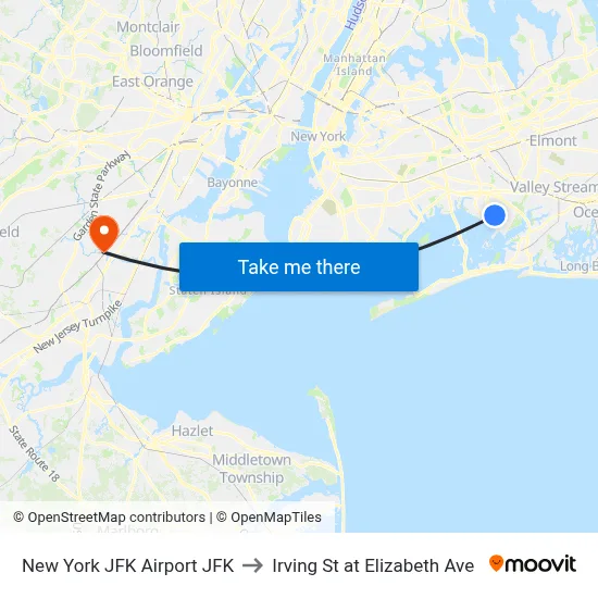 New York JFK Airport JFK to Irving St at Elizabeth Ave map