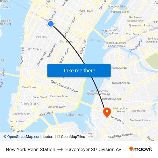 New York Penn Station to Havemeyer St/Division Av map