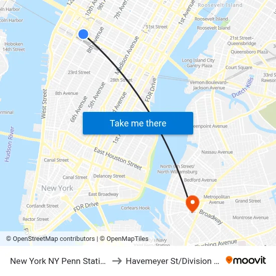 New York NY Penn Station to Havemeyer St/Division Av map