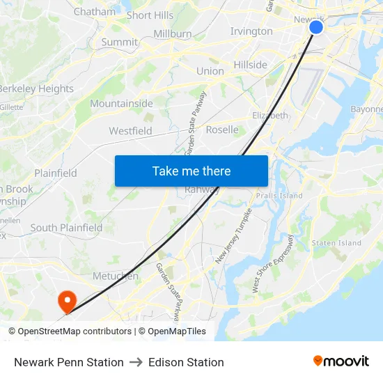 Newark Penn Station to Edison Station map