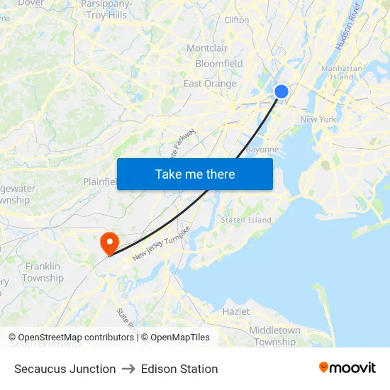 Secaucus Junction to Edison Station map