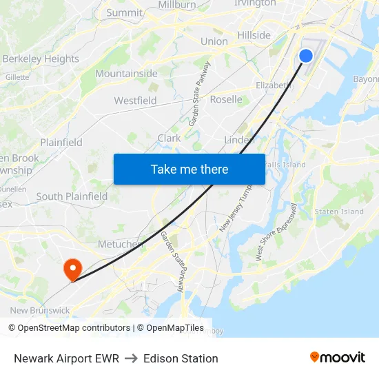 Newark Airport EWR to Edison Station map