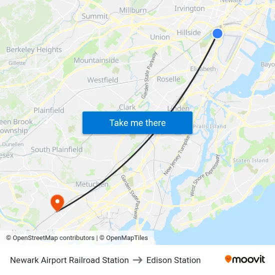Newark Airport Railroad Station to Edison Station map