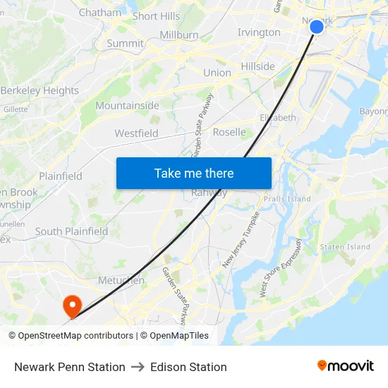 Newark Penn Station to Edison Station map