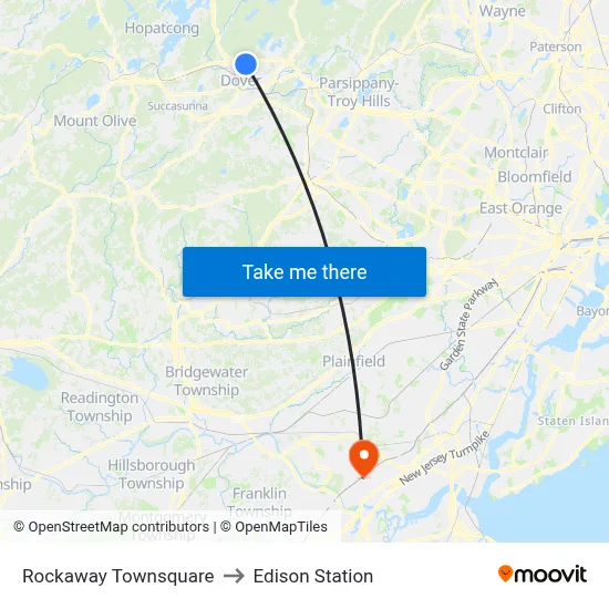 Rockaway Townsquare to Edison Station map