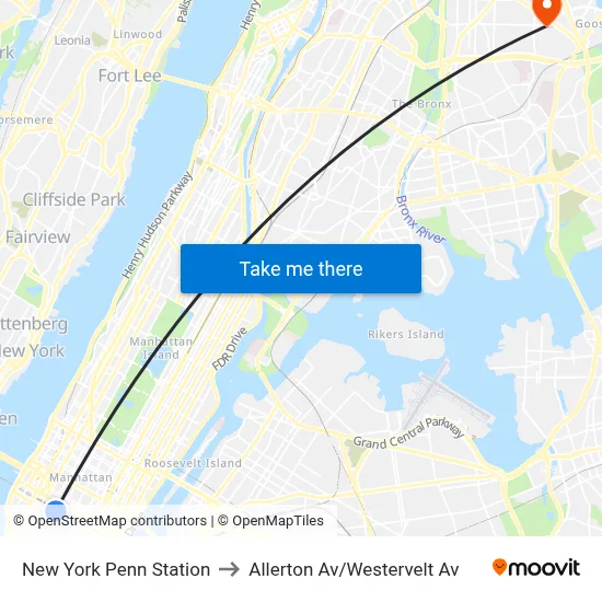 New York Penn Station to Allerton Av/Westervelt Av map