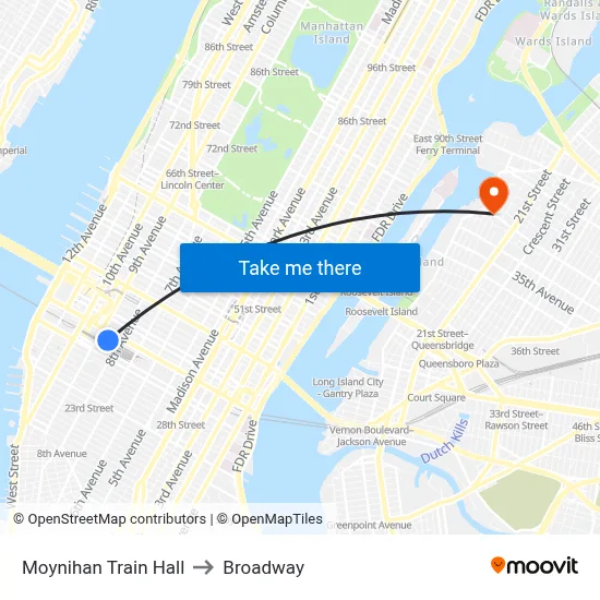 Moynihan Train Hall to Broadway map