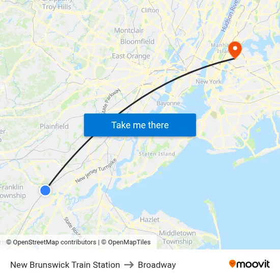 New Brunswick Train Station to Broadway map
