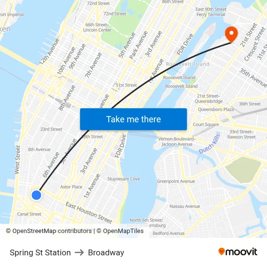 Spring St Station to Broadway map