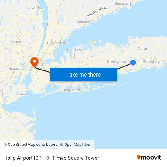 Islip Airport ISP to Times Square Tower map