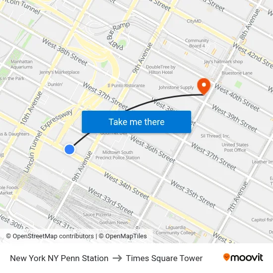 New York NY Penn Station to Times Square Tower map