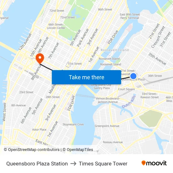 Queensboro Plaza Station to Times Square Tower map
