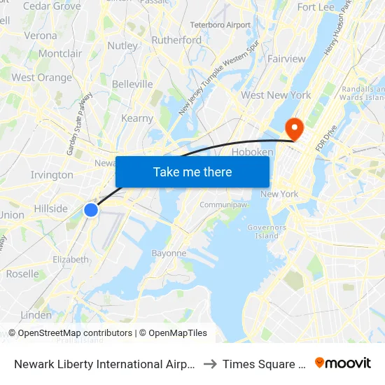 Newark Liberty International Airport Station to Times Square Tower map