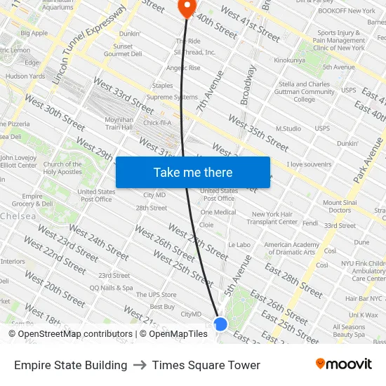 Empire State Building to Times Square Tower map