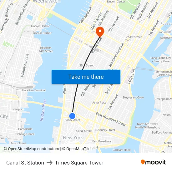 Canal St Station to Times Square Tower map