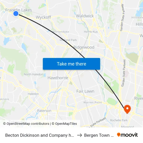 Becton Dickinson and Company headquarters to Bergen Town Center map