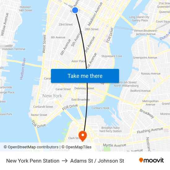 New York Penn Station to Adams St / Johnson St map