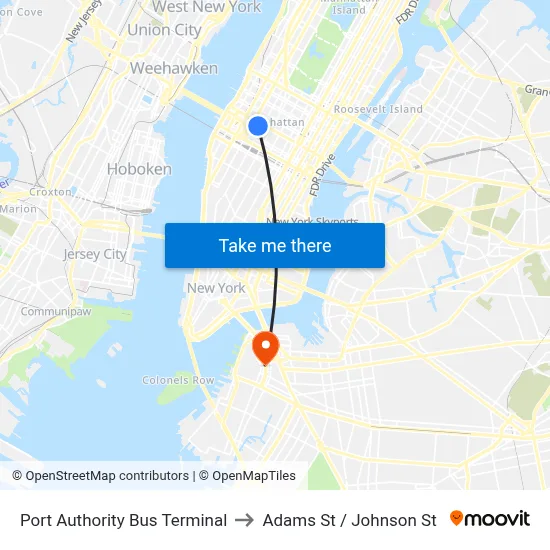 Port Authority Bus Terminal to Adams St / Johnson St map