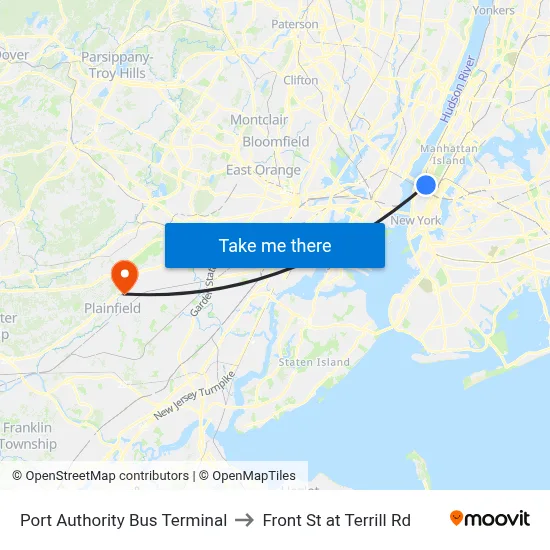 Port Authority Bus Terminal to Front St at Terrill Rd map